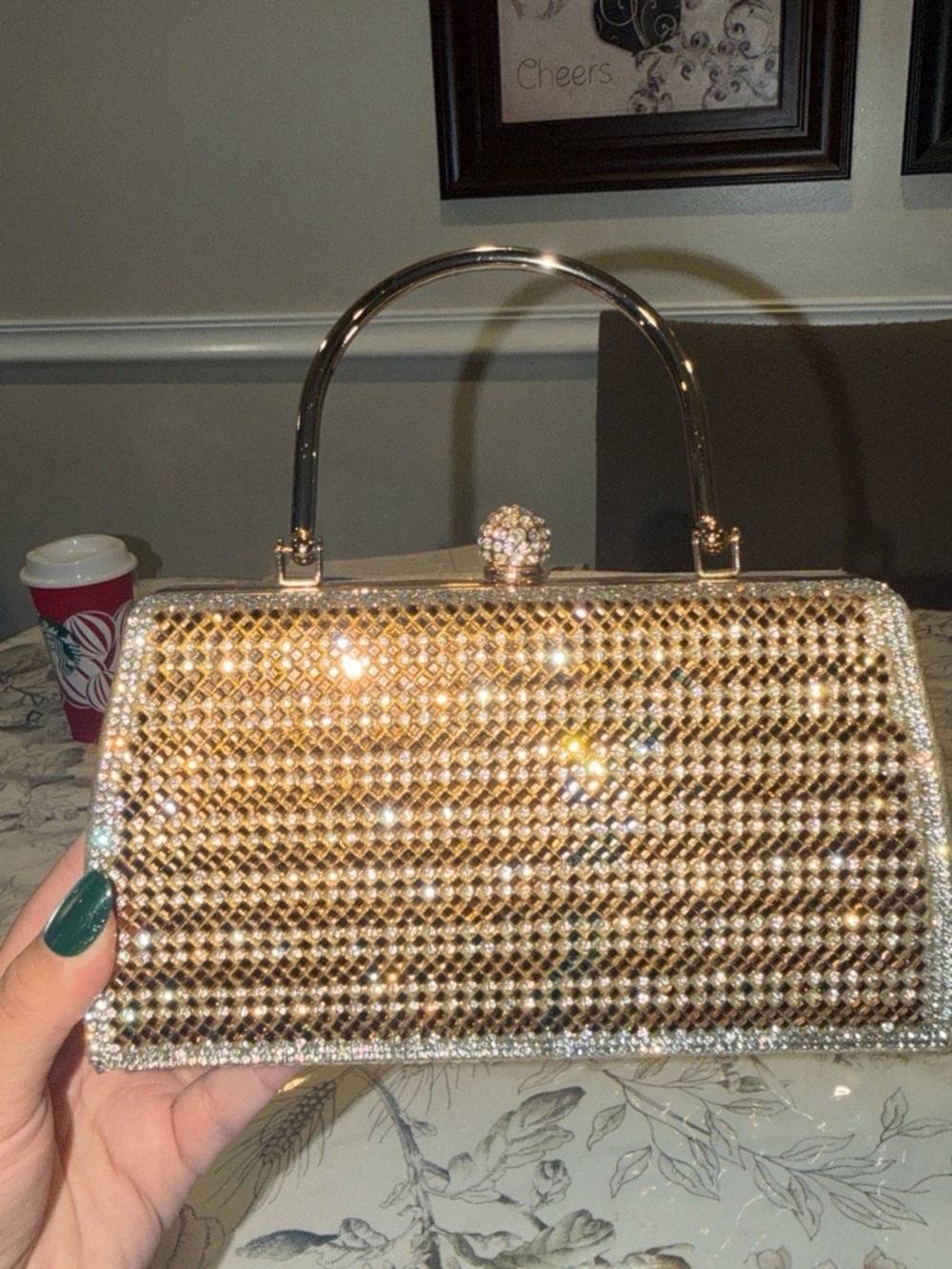 Crystal-Embellished Gold Evening Clutch